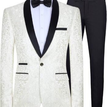 Mens 2 Piece Floral Jacquard Dress Suit Set 1 Button Print Dinner Jacket Pants