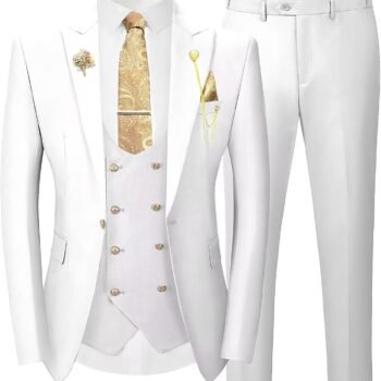 3 Pieces Suits for Mens Slim Fit Gold Button Double Breasted Suit Men Tuxedos Wedding Suits Set Mens White Suit