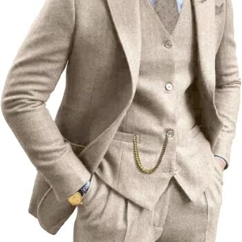 Retro Tweed Brown Men Suit 3 Piece Herringbone Slim Fit Suits Wedding Tuxedos Set Prom Jacket Blazers Vest Pants for Mens