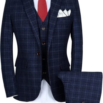 Mens 3-Piece Slim Fit Plaid Suit - Blazer, Vest, and Pants Set for Wedding, Prom, and Business